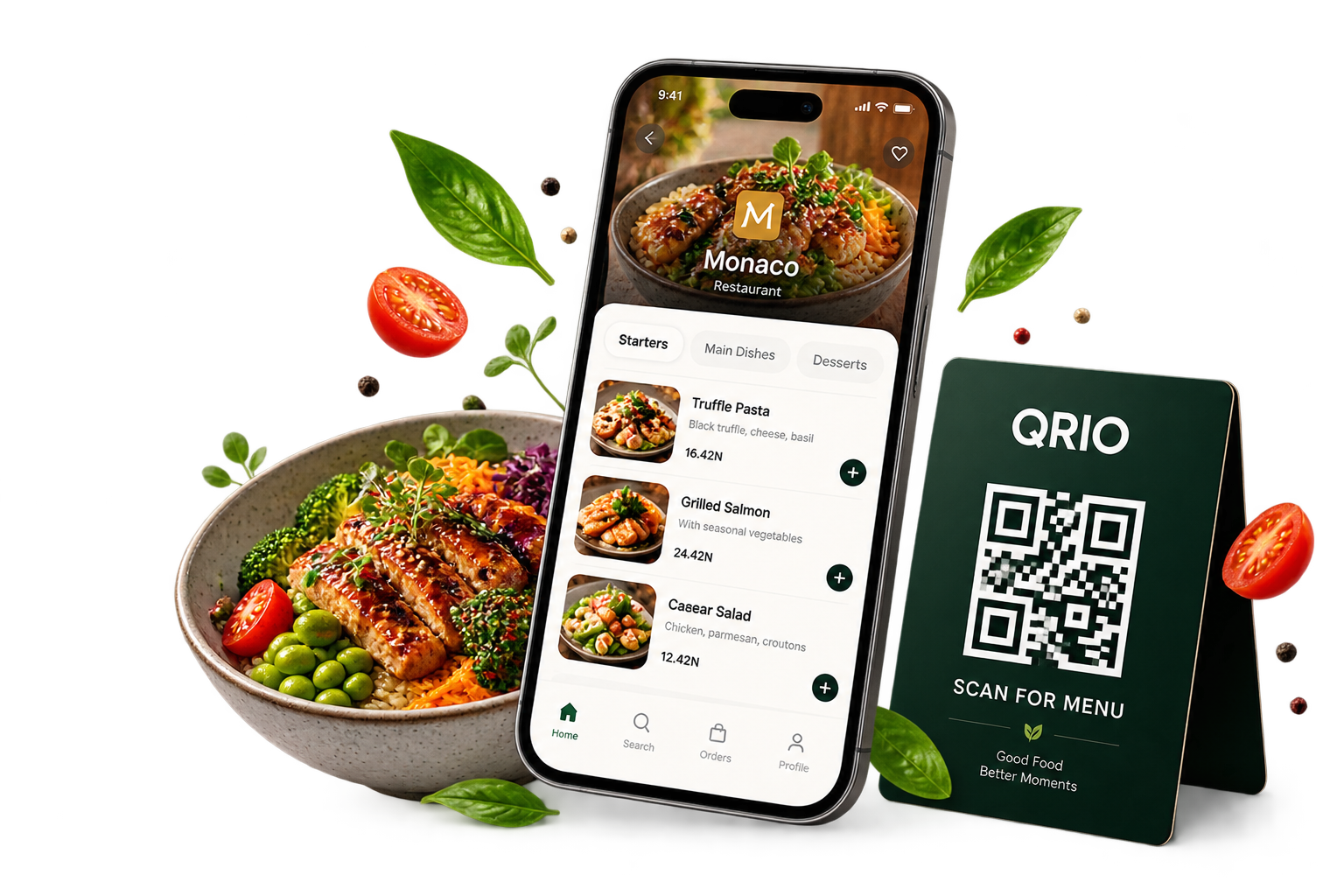 QRİO digital menu on a phone and a QR code on the table